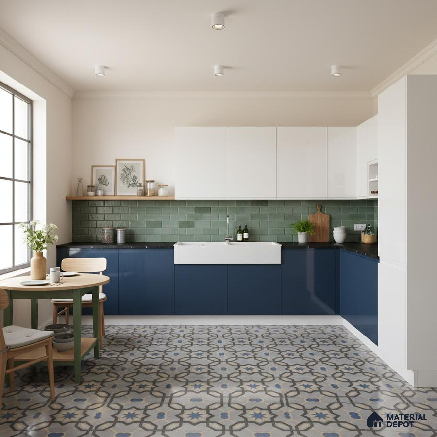 Modern kitchen with navy blue and white laminate, green subway tile backsplash, and patterned moroccan floor tiles in Bengaluru