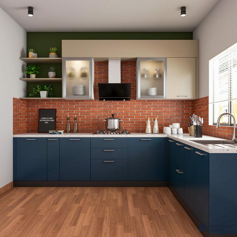 Modern kitchen with navy blue laminate, brick look backsplash tile, and wooden flooring in Bengaluru | Material Depot