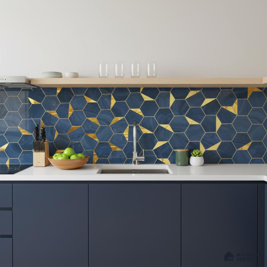 Modern kitchen with navy blue laminate cabinets, white quartz countertop, and blue-gold geometric hexagonal backsplash tiles