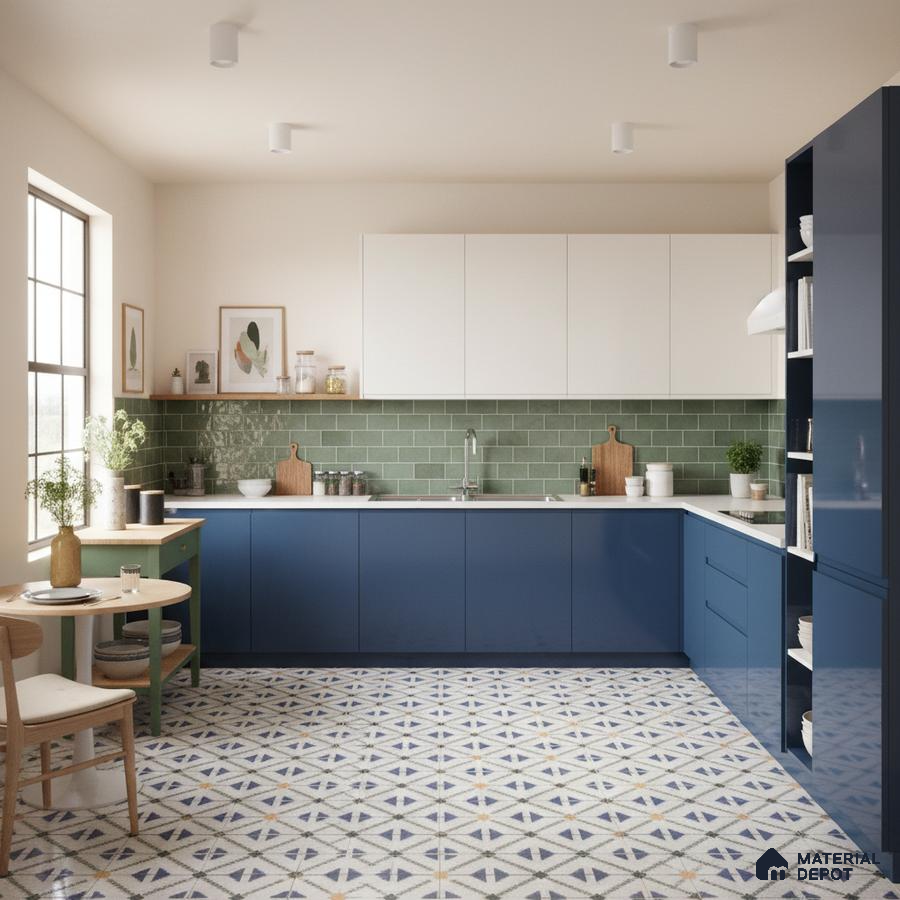 Modern kitchen with navy blue laminate, sage green subway tile backsplash, and geometric patterned floor tiles in Bengaluru