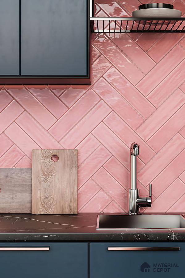 Modern kitchen with navy cabinetry, pink herringbone backsplash, and black marble countertop for a bold look. | Material Depot
