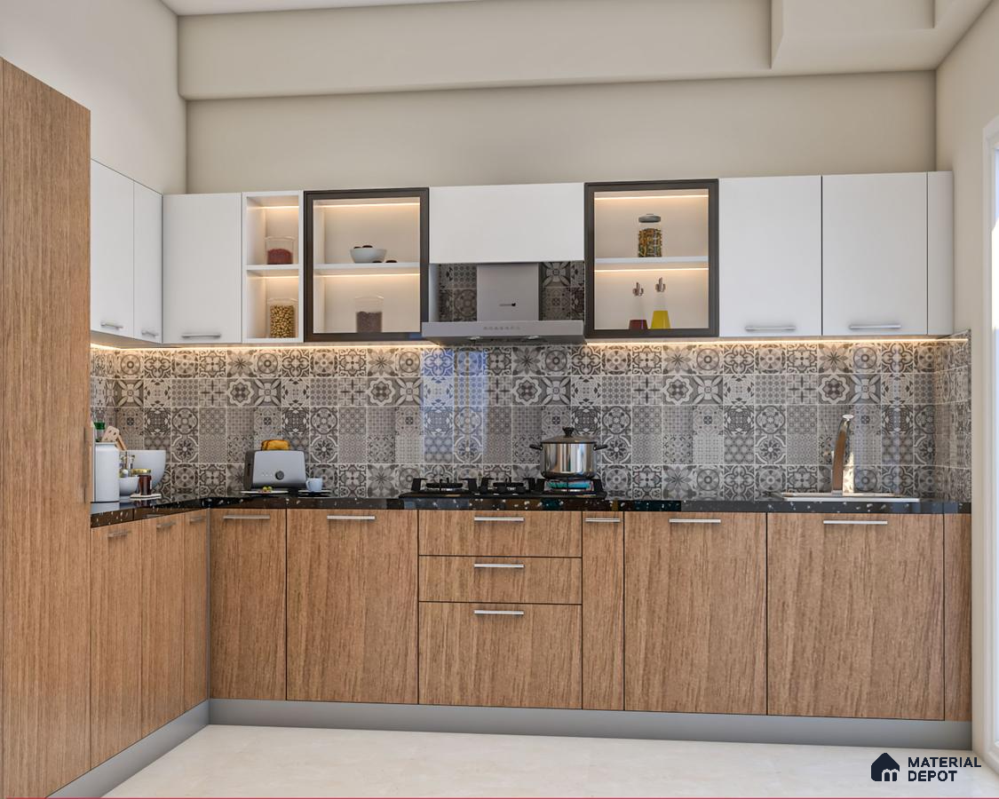 Modern kitchen with oak wood laminate, frosty white laminate, and patterned grey backsplash tiles in Bengaluru | Material Depot