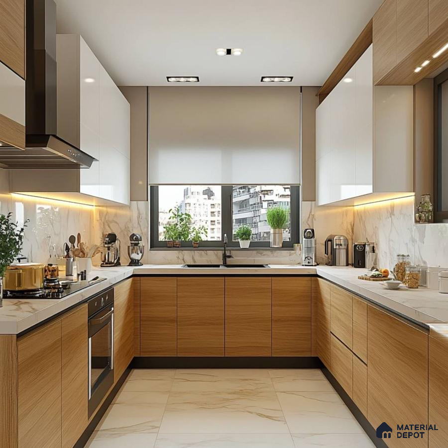 Modern kitchen with oak wood laminate, white high gloss laminate, and marble backsplash in Bengaluru | Material Depot