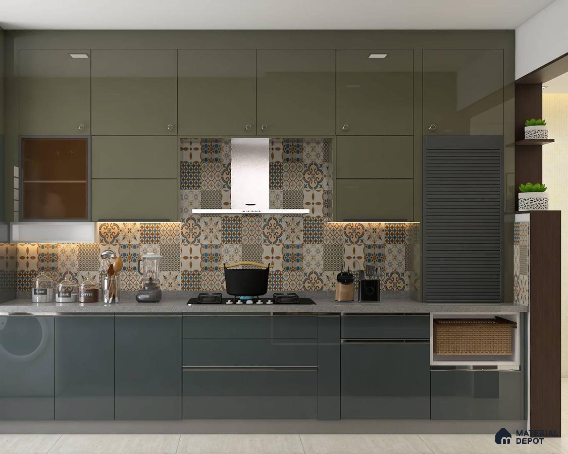 Modern kitchen with olive green and graphite grey glossy laminates, moroccan patterned backsplash tiles, and grey quartz countertop in Bengaluru | Material Depot