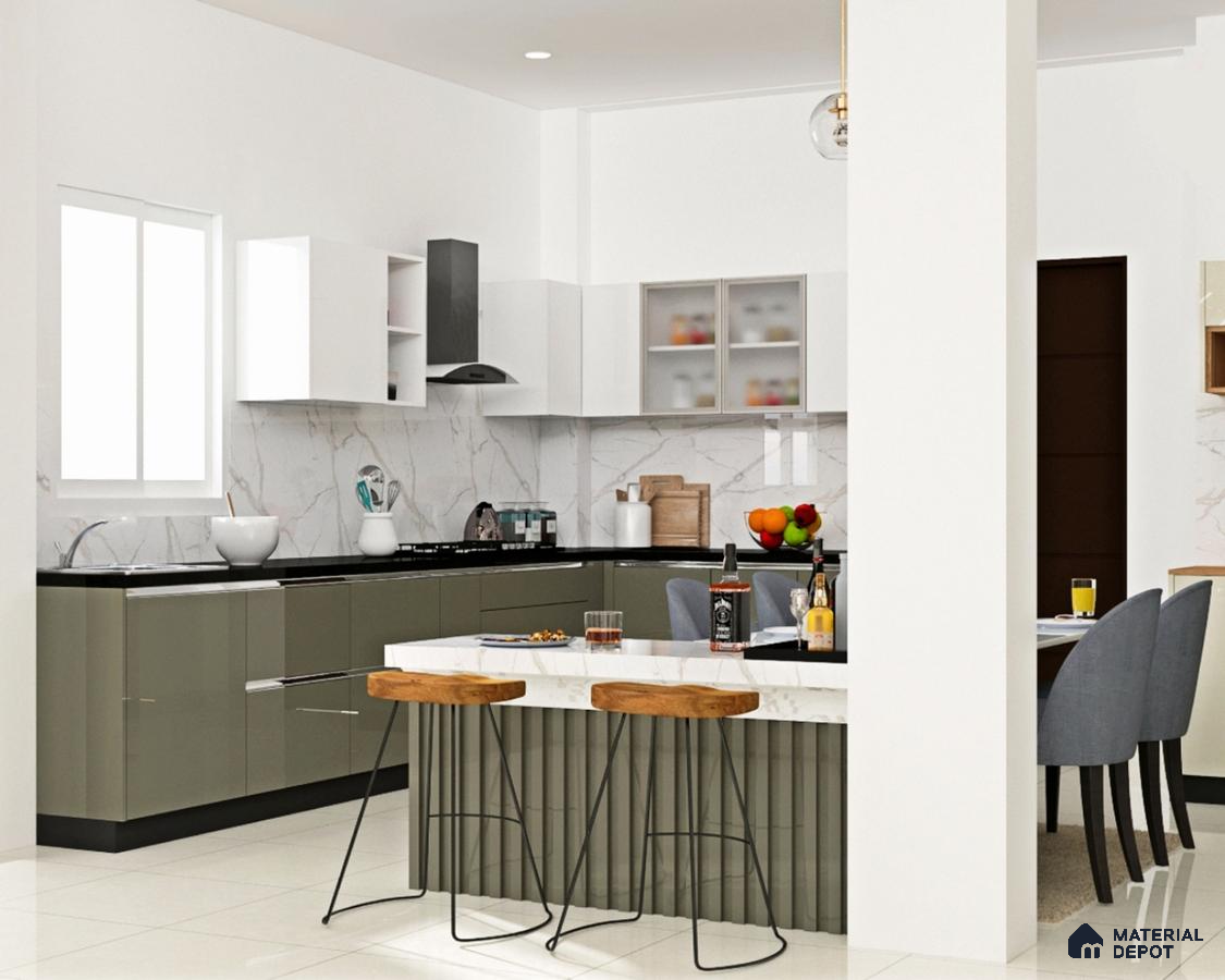 Modern kitchen with olive green and white laminate, marble-look backsplash, and breakfast island in Bengaluru | Material Depot