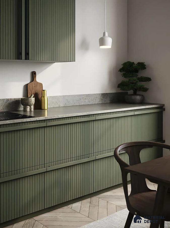 Modern Kitchen with Olive Green Fluted Cabinets and Natural Accents | Material Depot