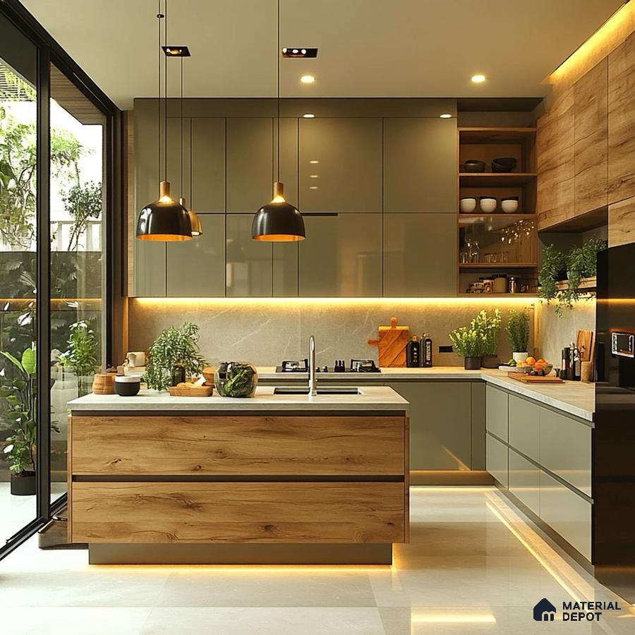 Modern kitchen with olive green high gloss laminate, natural oak wood laminate, and white quartz countertop in Bengaluru | Material Depot