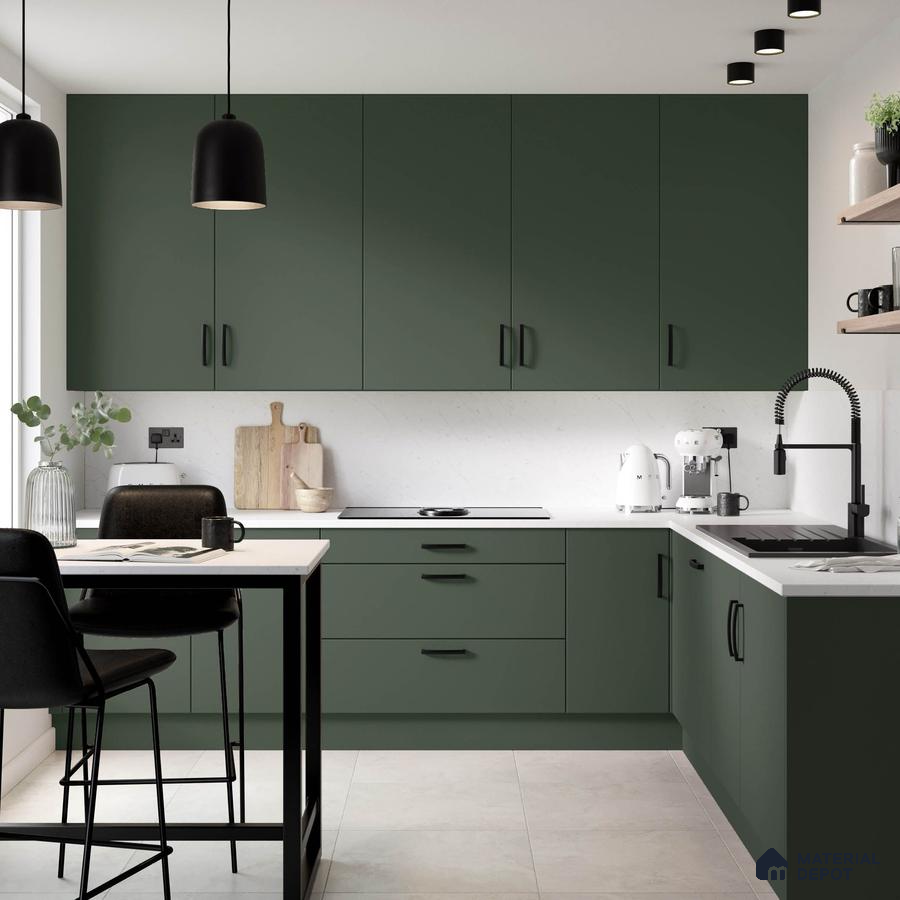 Modern kitchen with olive green laminate cabinets and white quartz countertop in Bengaluru | Material Depot