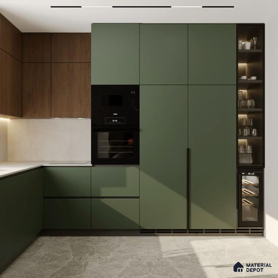 Modern kitchen with olive green laminate cabinets, walnut wood laminate, and grey marble floor tiles in Bengaluru | Material Depot