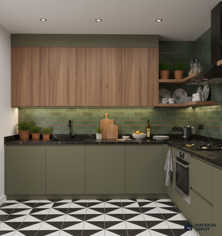 Modern kitchen with olive green laminate, walnut wood laminate, green subway tile backsplash, and geometric black-and-white floor tiles in Bengaluru