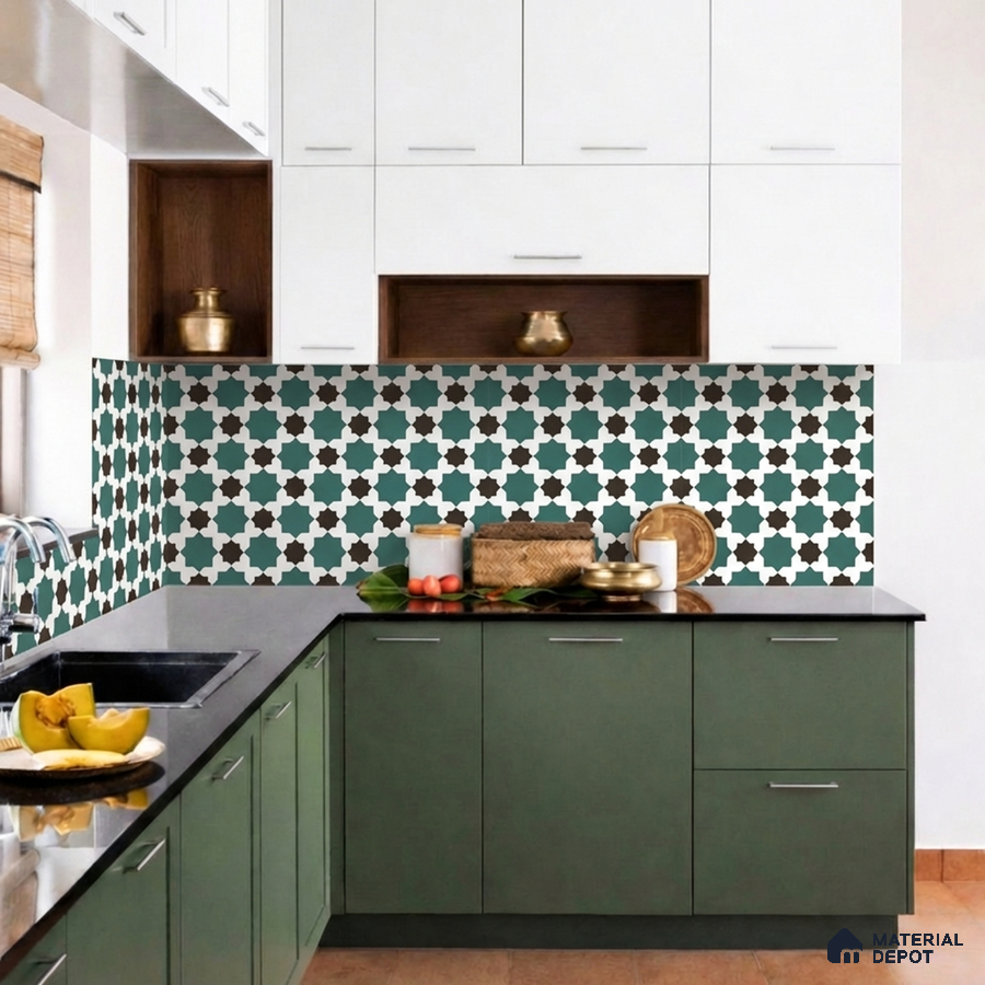 Modern kitchen with olive green laminate, white laminate, and geometric moroccan backsplash tiles