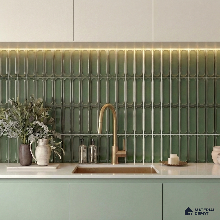 Modern kitchen with olive green popsicle backsplash tile and frosty white quartz countertop