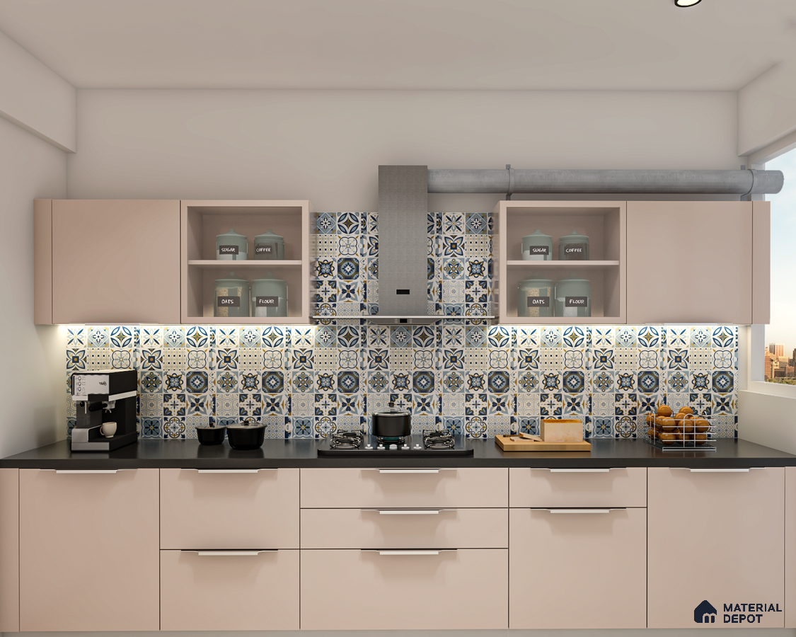 Modern kitchen with pastel beige laminate cabinets and blue patterned moroccan backsplash tiles in Bengaluru | Material Depot