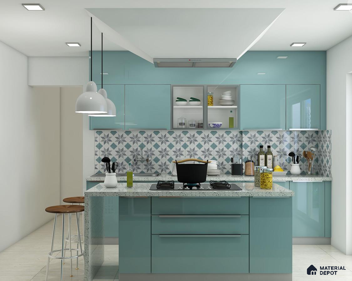 Modern kitchen with pastel blue high gloss laminate, terrazzo countertop, and geometric patterned backsplash tiles in Bengaluru | Material Depot