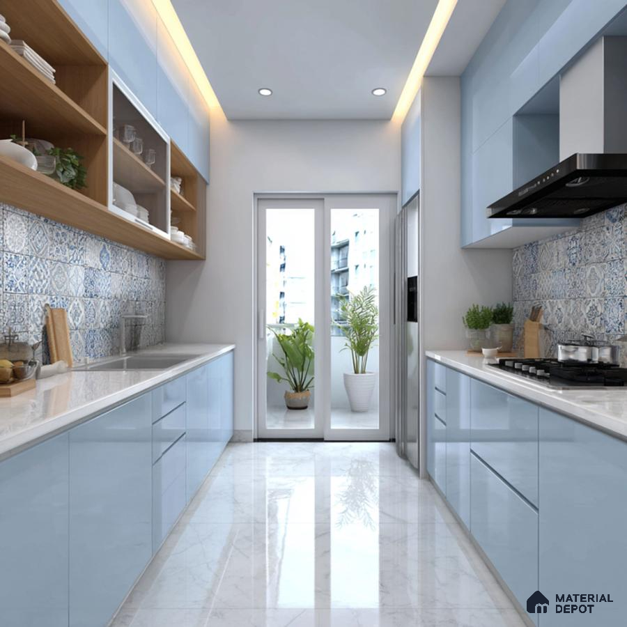 Modern kitchen with pastel blue high gloss laminate, white marble countertop, and blue patterned backsplash tiles in Bengaluru | Material Depot