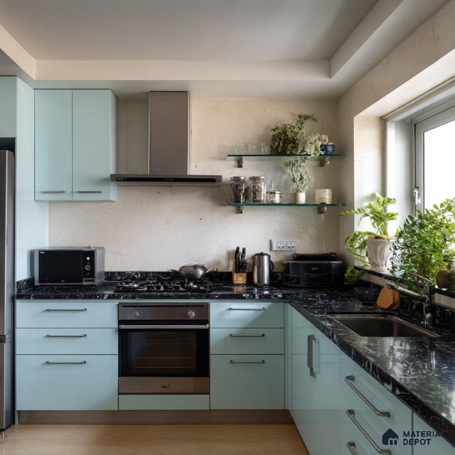 Modern kitchen with pastel blue laminate cabinets and black marble-look countertop in Bengaluru | Material Depot