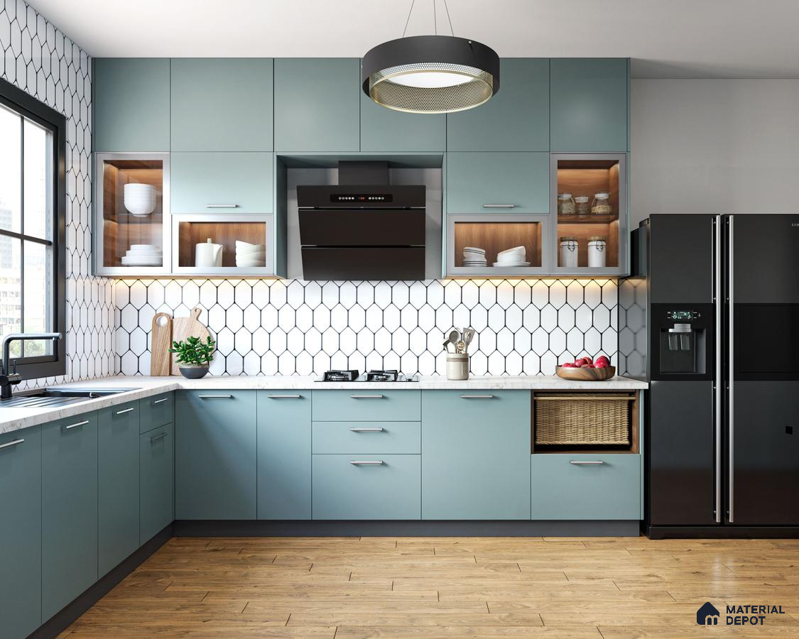 Modern kitchen with pastel blue laminate cabinets, white marble countertop, and geometric white backsplash tile in Bengaluru | Material Depot