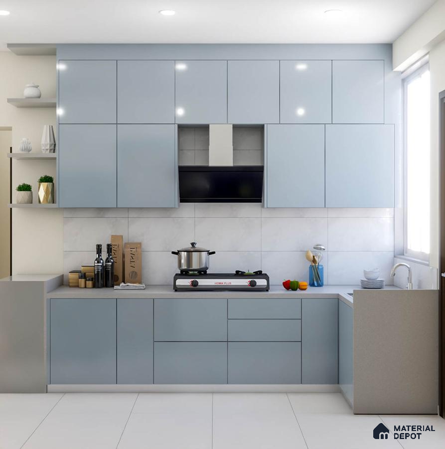 Modern kitchen with pastel blue laminate cabinets, white marble-look backsplash tile, and grey quartz countertop in Bengaluru | Material Depot