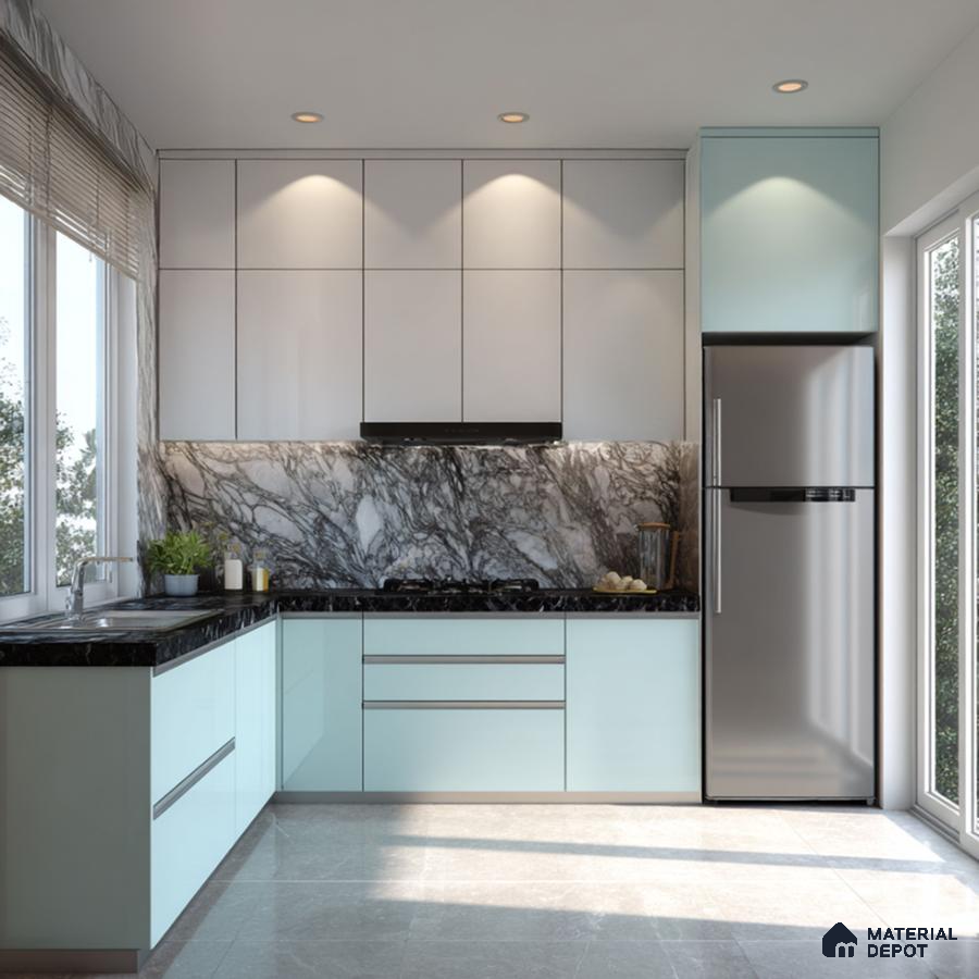 Modern kitchen with pastel blue laminate, white marble-look backsplash, and black marble countertop in Bengaluru | Material Depot