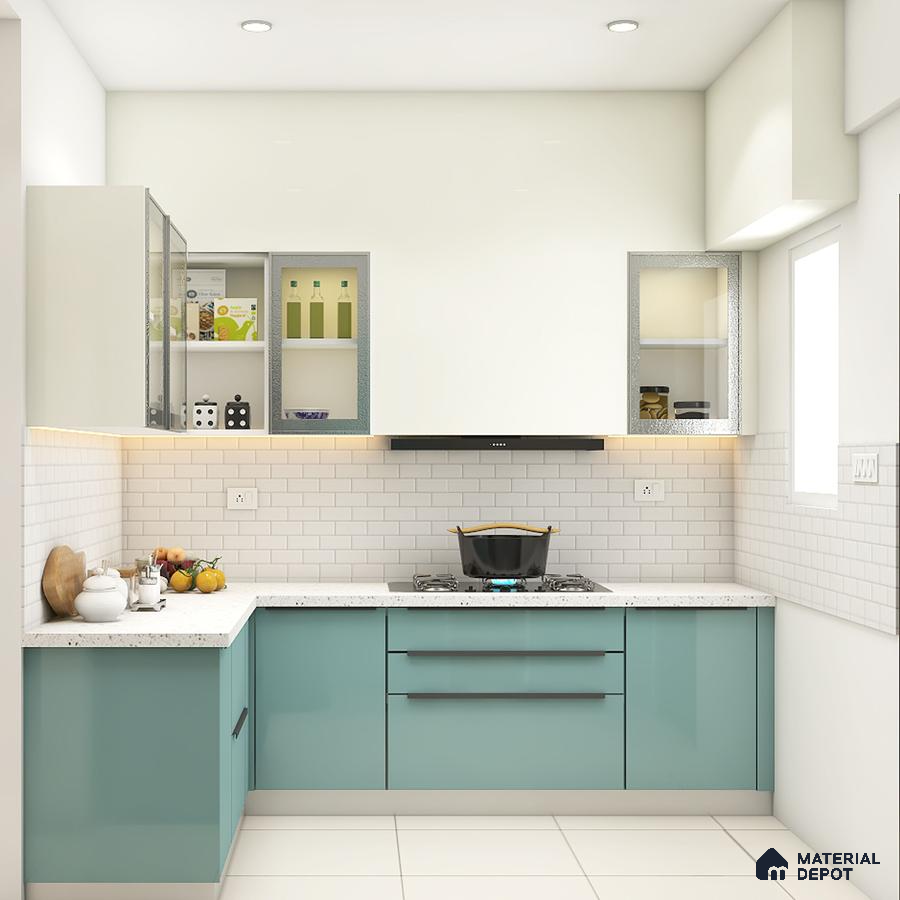 Modern kitchen with pastel blue laminate, white quartz countertop, and white subway tile backsplash in Bengaluru | Material Depot