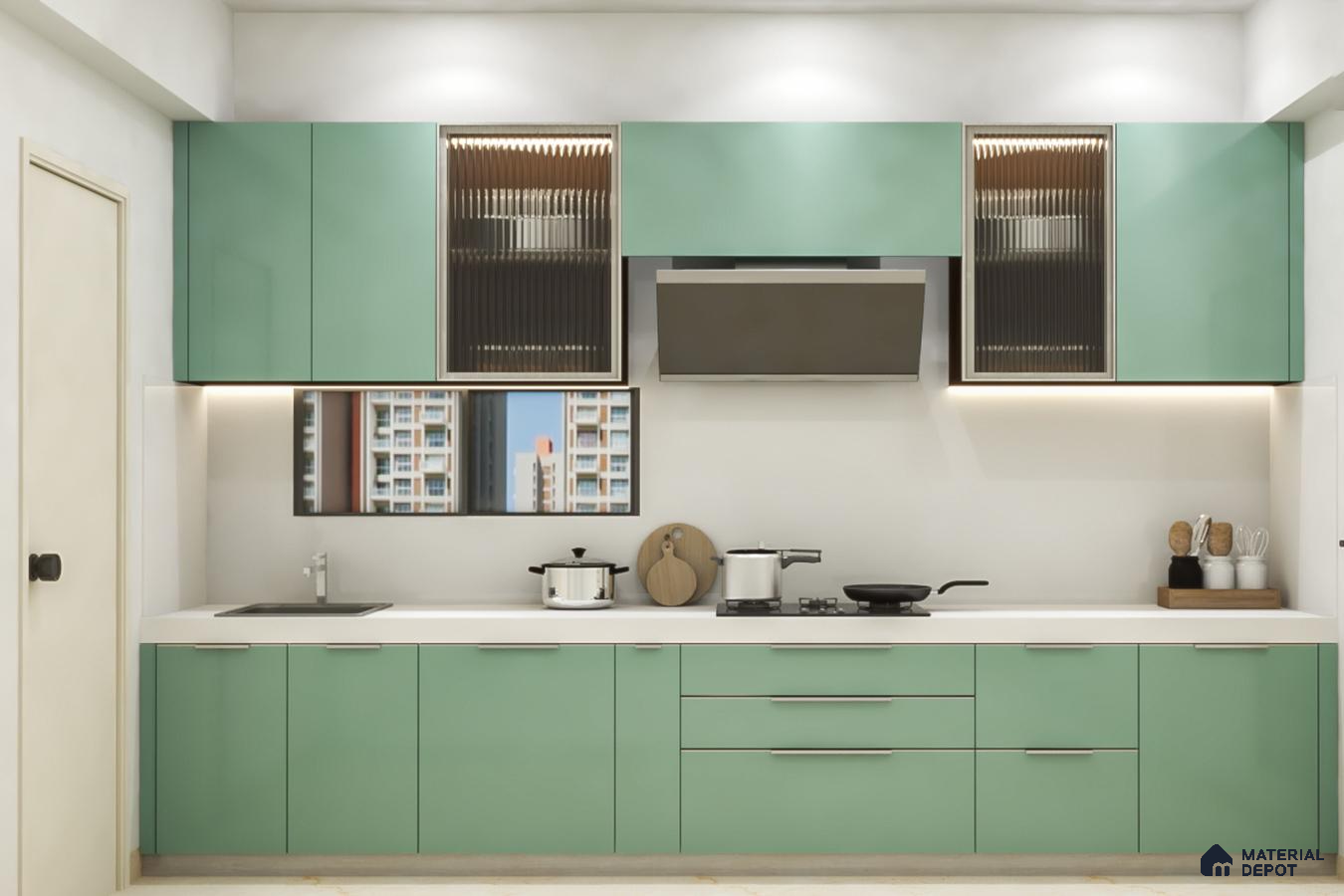Modern kitchen with pastel green laminate cabinets and white quartz countertop in Bengaluru | Material Depot