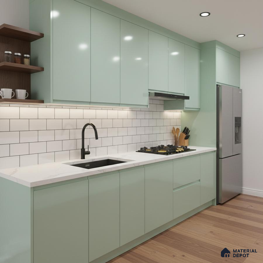 Modern kitchen with pastel green laminate cabinets, white marble-look countertop, and subway tile backsplash in Bengaluru