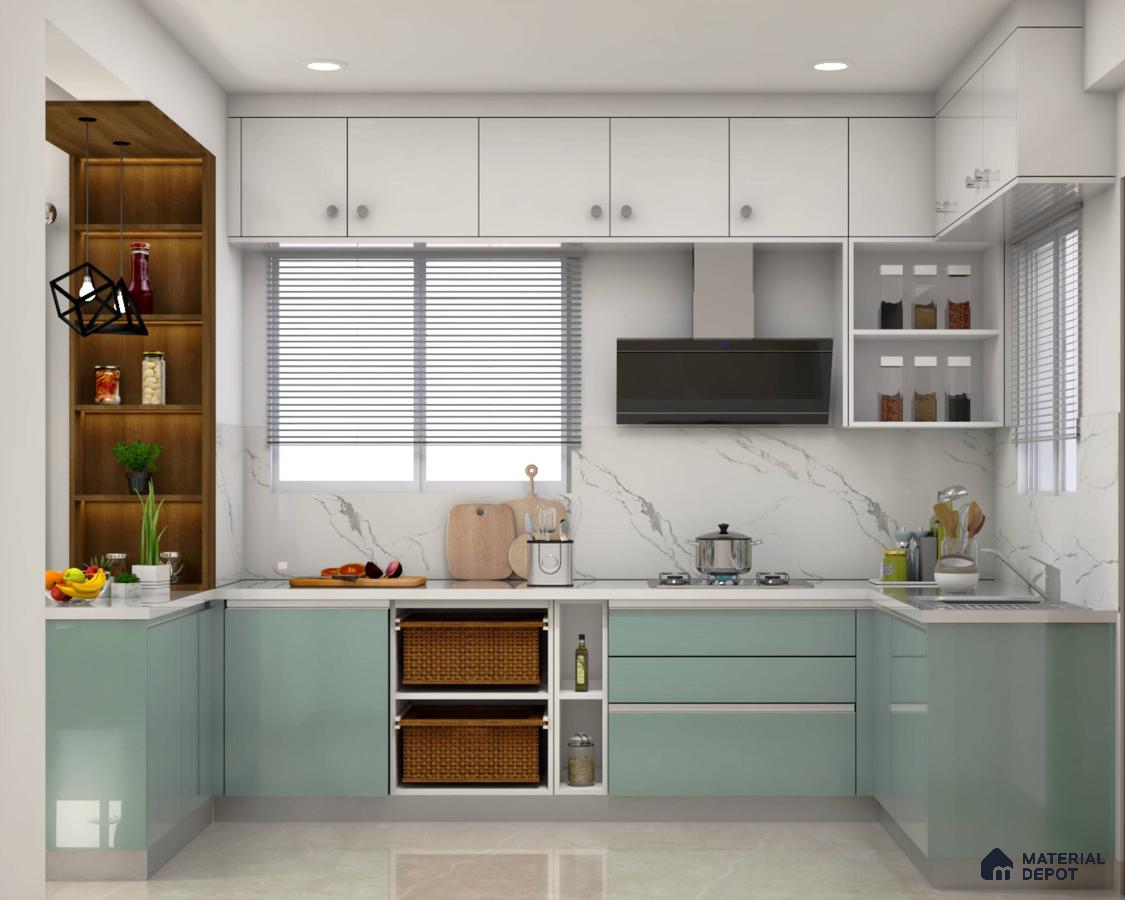 Modern kitchen with pastel green laminate, frosty white laminate, and marble-look backsplash in Bengaluru | Material Depot