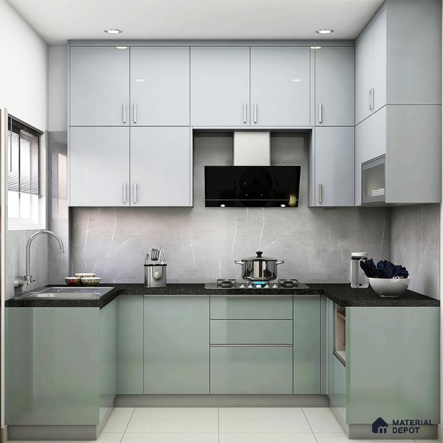 Modern kitchen with pastel grey high gloss laminate, black granite countertop, and marble-look backsplash in Bengaluru | Material Depot