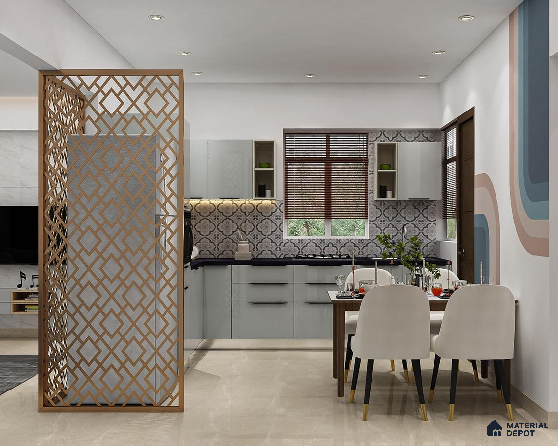 Modern kitchen with pastel grey laminate cabinets, patterned moroccan backsplash tiles, and beige marble floor in Bengaluru | Material Depot