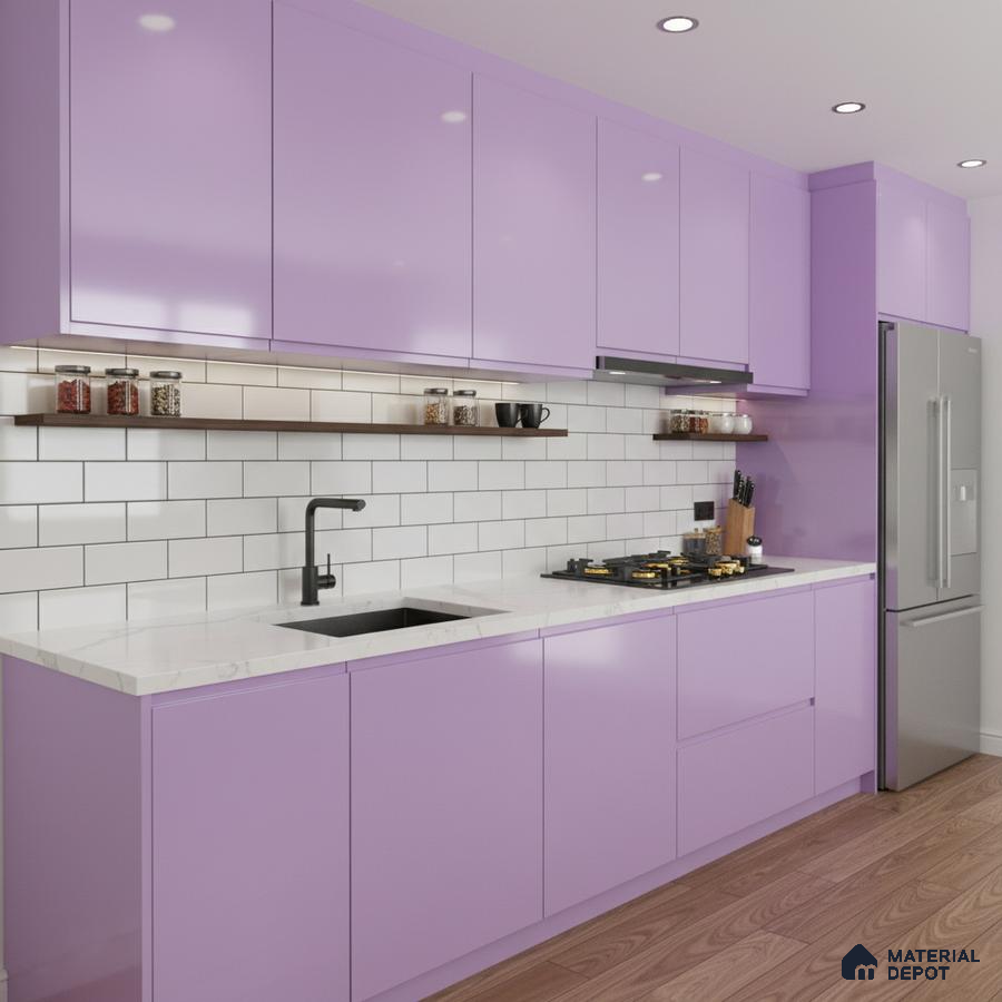 Modern kitchen with pastel lavender high gloss laminate, white marble countertop, and white subway backsplash tiles in Bengaluru
