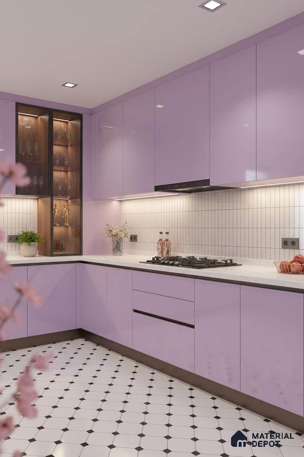 Modern kitchen with pastel lavender high gloss laminate, white quartz countertop, and geometric black-and-white floor tiles in Bengaluru