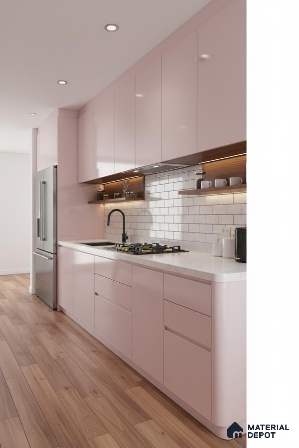 Modern kitchen with pastel pink high gloss laminate, white marble-look countertop, and subway tile backsplash in Bengaluru