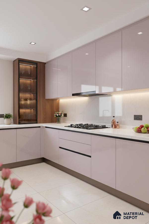 Modern kitchen with pastel pink high gloss laminate, white quartz countertop, and walnut wood accent in Bengaluru