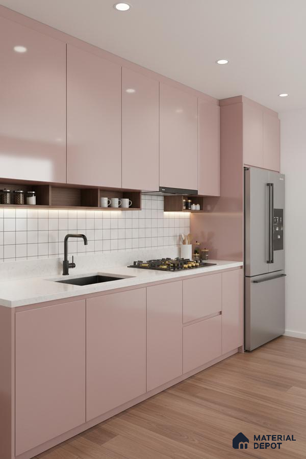 Modern kitchen with pastel pink high gloss laminate, white quartz countertop, and white grid backsplash tile in Bengaluru