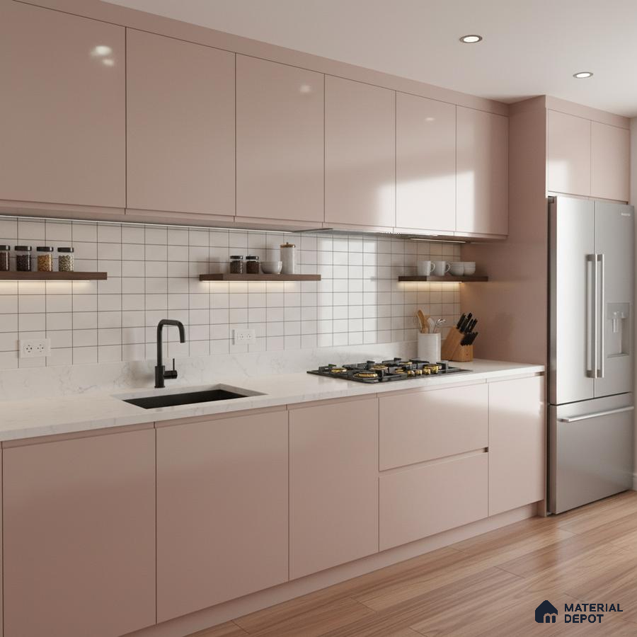 Modern kitchen with pastel pink laminate cabinets, white marble-look quartz countertop, and white grid backsplash tiles in Bengaluru