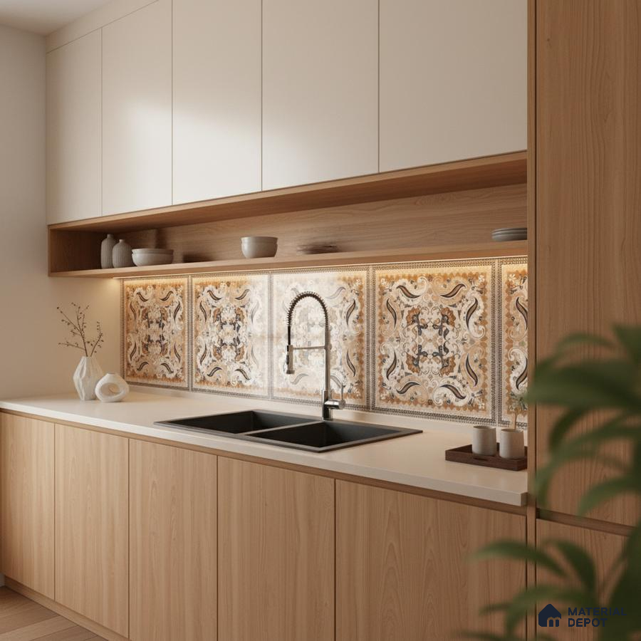 Modern kitchen with patterned moroccan backsplash tiles, white quartz countertop, and light oak laminate cabinets in Bengaluru