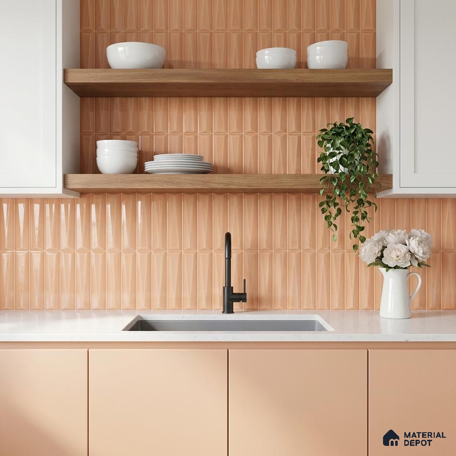 Modern kitchen with peach geometric wall tiles, white quartz countertop, and pastel peach laminate cabinets