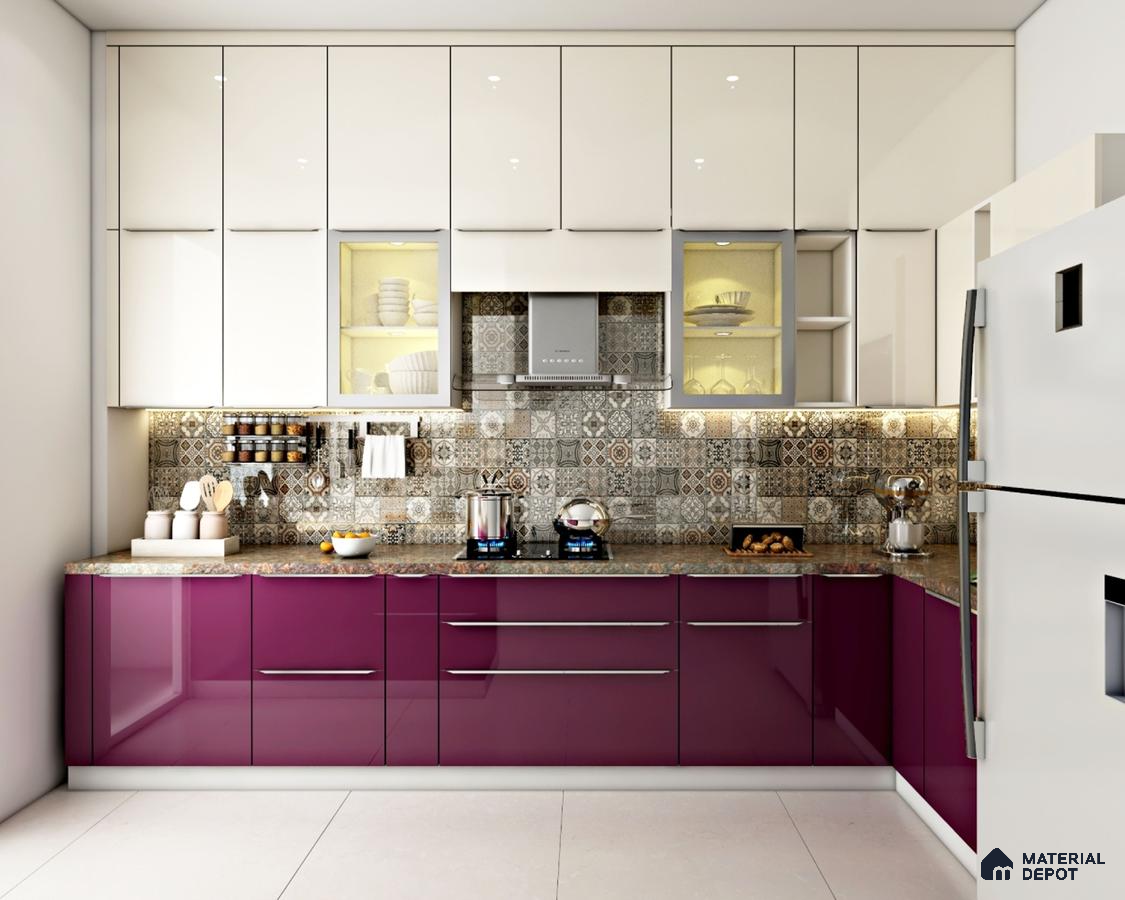 Modern kitchen with plum high gloss laminate, frosty white laminate, and patterned moroccan backsplash tiles in Bengaluru | Material Depot
