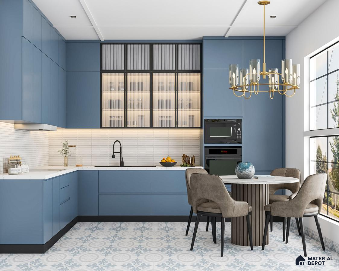 Modern kitchen with powder blue laminate cabinets, white quartz countertop, and patterned floor tiles in Bengaluru | Material Depot