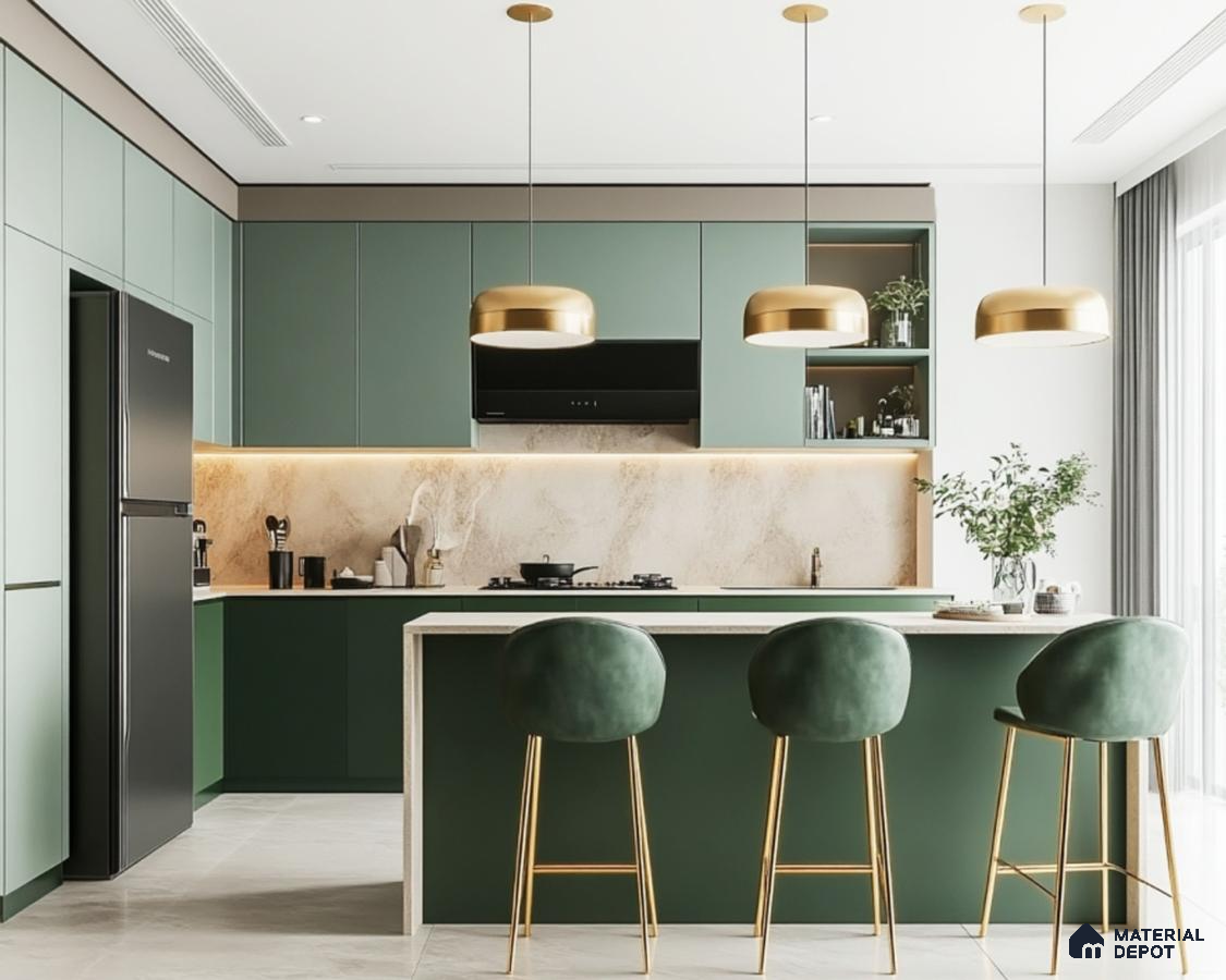 Modern kitchen with sage green and dark green laminate, marble backsplash, and white quartz countertop in Bengaluru | Material Depot