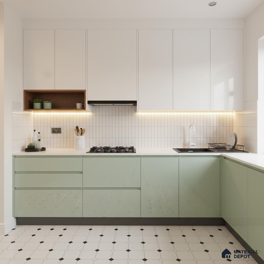 Modern kitchen with sage green and frosty white laminate, white quartz countertop, and geometric floor tile in Bengaluru