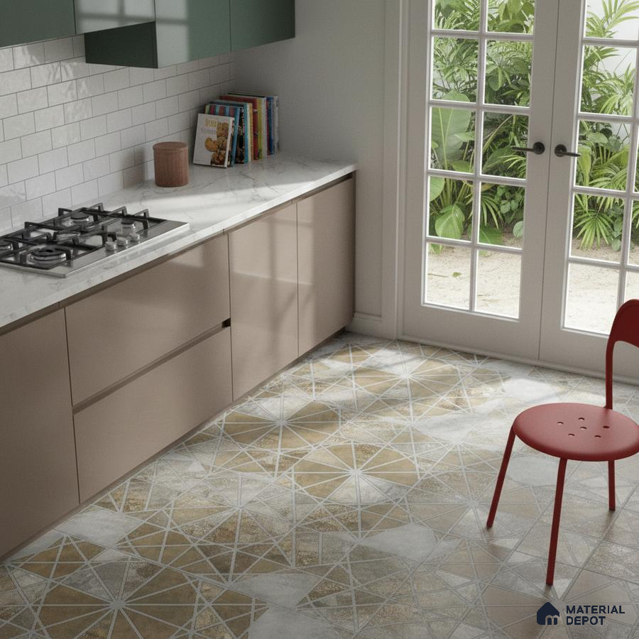 Modern kitchen with sage green and taupe laminate cabinets, white marble countertop, and geometric patterned floor tiles in Bengaluru