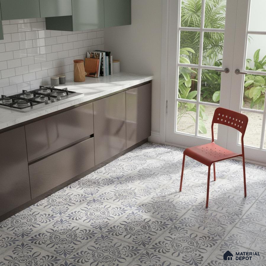 Modern kitchen with sage green and taupe laminate, white marble countertop, and blue patterned floor tiles in Bengaluru