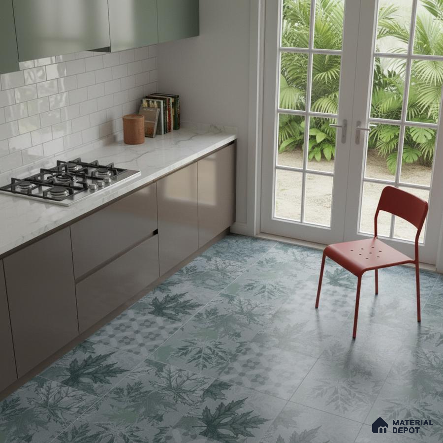 Modern kitchen with sage green and taupe laminate, white marble countertop, and botanical patterned floor tiles in Bengaluru