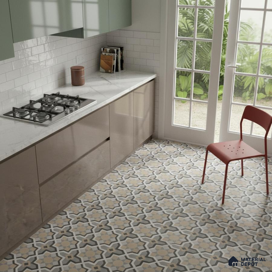 Modern kitchen with sage green and taupe laminate, white marble countertop, and geometric patterned floor tiles in Bengaluru