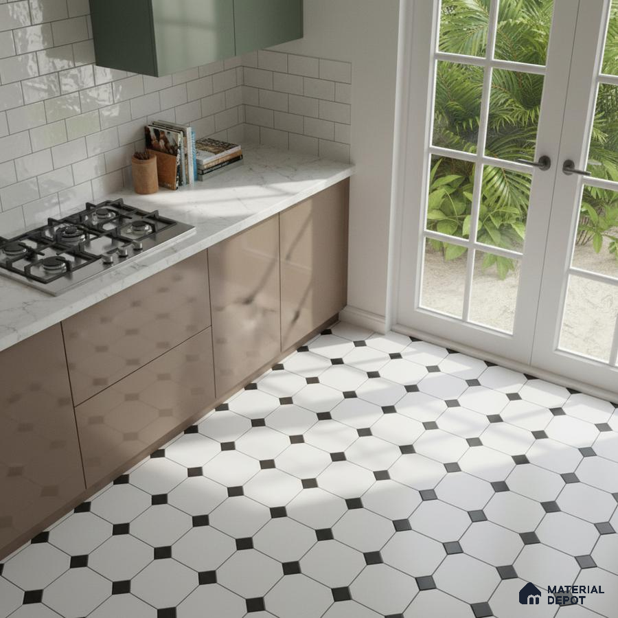Modern kitchen with sage green and taupe laminate, white marble countertop, and octagonal black-and-white floor tiles in Bengaluru