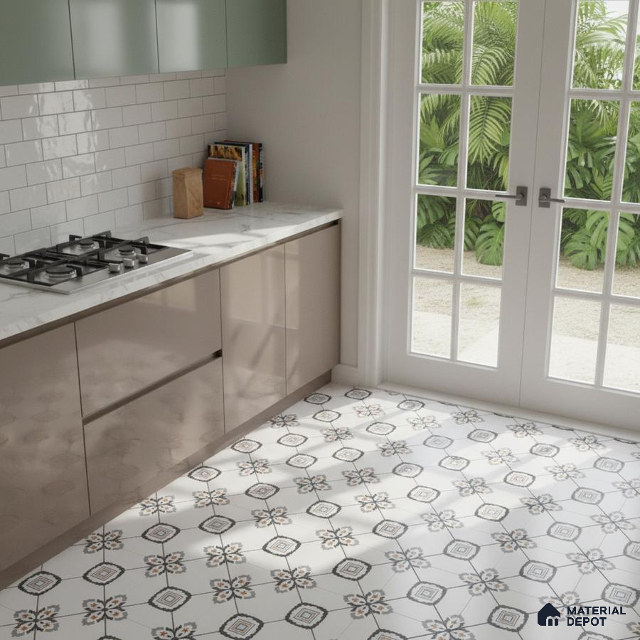 Modern kitchen with sage green and taupe laminate, white marble countertop, and patterned geometric floor tiles in Bengaluru