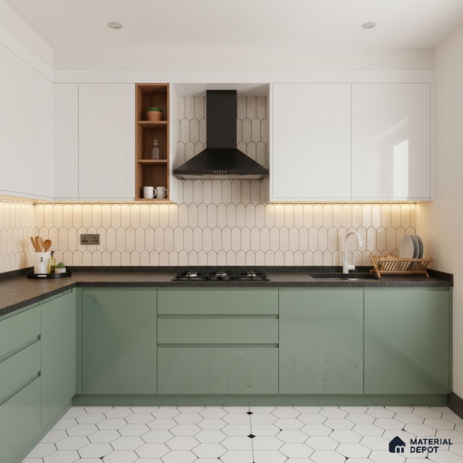 Modern kitchen with sage green and white laminate, black quartz countertop, and scallop backsplash tile in Bengaluru