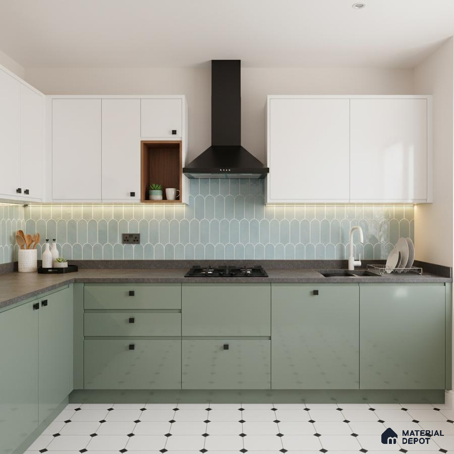 Modern kitchen with sage green and white laminate, blue scallop backsplash tile, and geometric white floor tile in Bengaluru