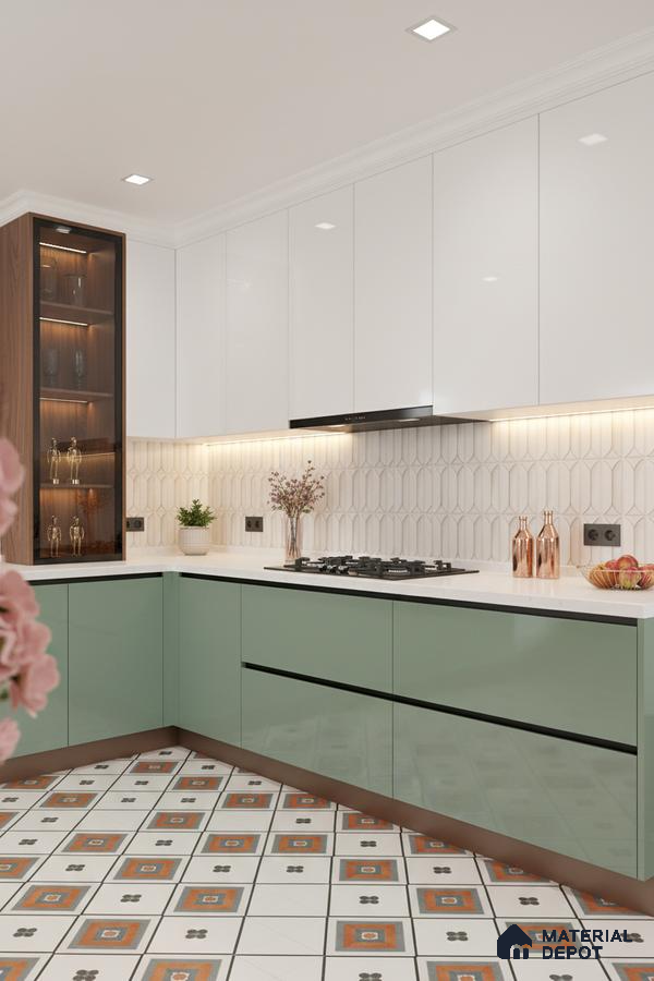 Modern kitchen with sage green and white laminate, geometric backsplash tile, and patterned floor tile in Bengaluru